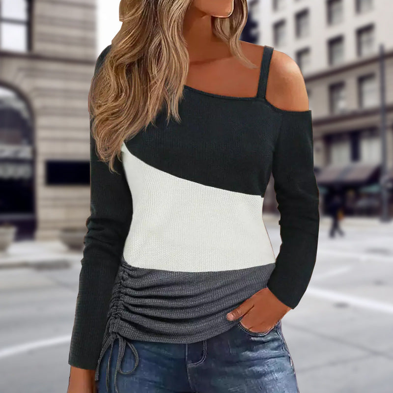 Långärmad T-Shirt Dam Färgblockering 100% Bomull Avslappnad Passform-2