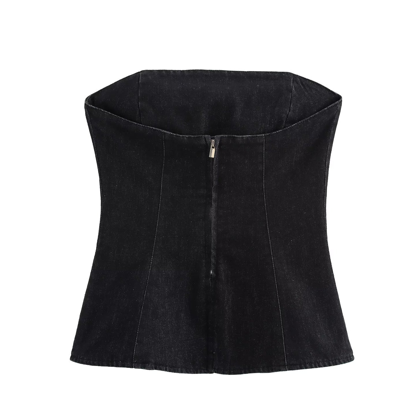 Dam Festtoppar Slim Fit Denim Bustier Top med Dragkedja-3