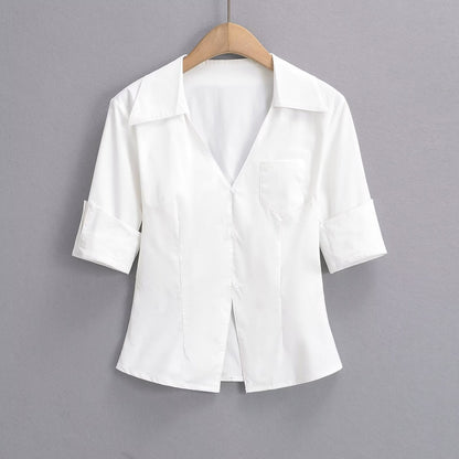 Kvinnors Skjortablus Elegant Krage Bomullsblandning 5