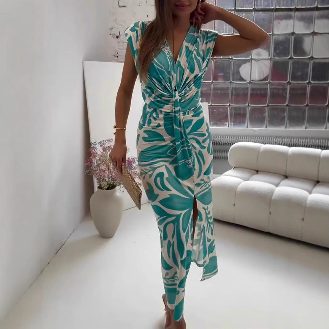 Damklänning V-ringad ärmlös A-linje Polyester för Sommar-3