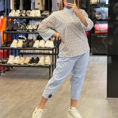 Dam Set Tryckt Blus Högbelagda Sju-Punkts Byxor Bomull Linne 3