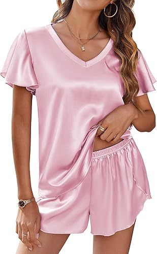 Kvinna Satin Set Korta Ärmar Avslappnad Polyester-5