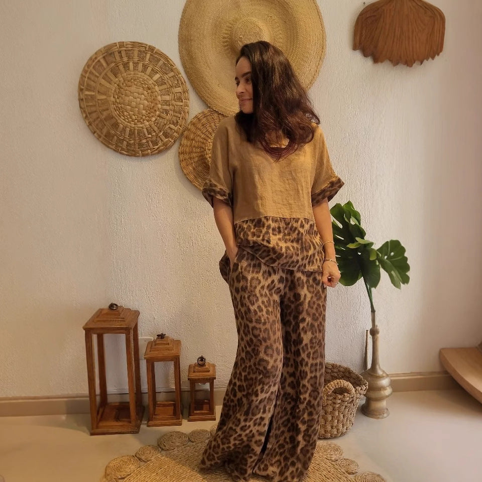 Dam Kortärmad Topp och Breda Byxor Färgblockerad Polyester för Sommarkläder-2