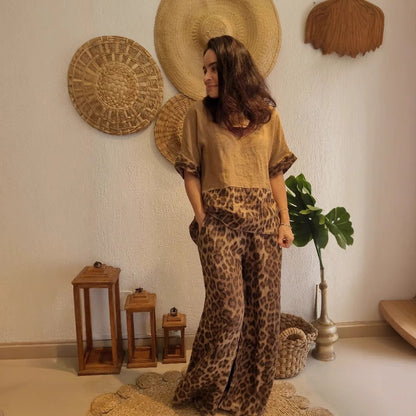 Dam Kortärmad Topp och Breda Byxor Färgblockerad Polyester för Sommarkläder-2