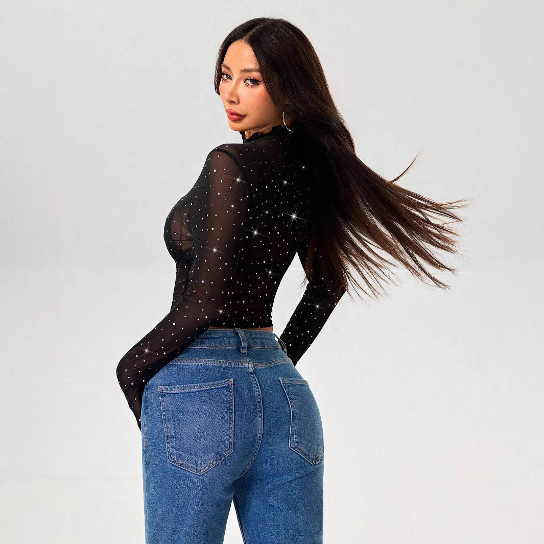 Dam Skjorta Långärmad Mesh med Pailletter-3