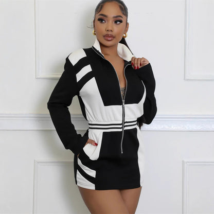 Dam Kort Klänning med Ståkrage och Dragkedja i Polyester-3