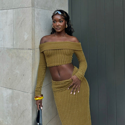 Kvinnors Axelfri Topp Figurkramande Kjol Elastisk Stickad Set-4