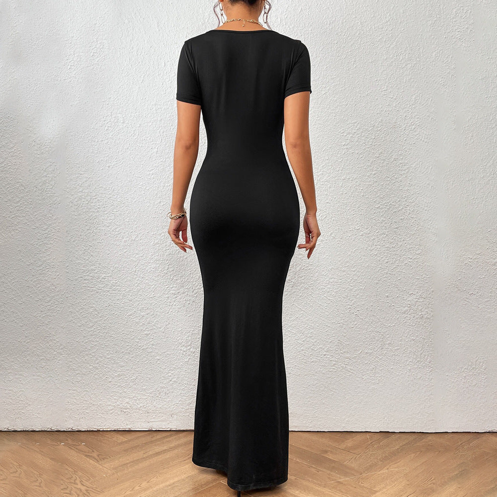 Maxiklänning für Damen mit Fyrkantig Halsringning und Korten Ärmar – Elastiskt Tyg für Stil und Komfort 3