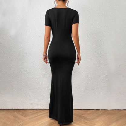 Maxiklänning für Damen mit Fyrkantig Halsringning und Korten Ärmar – Elastiskt Tyg für Stil und Komfort 3