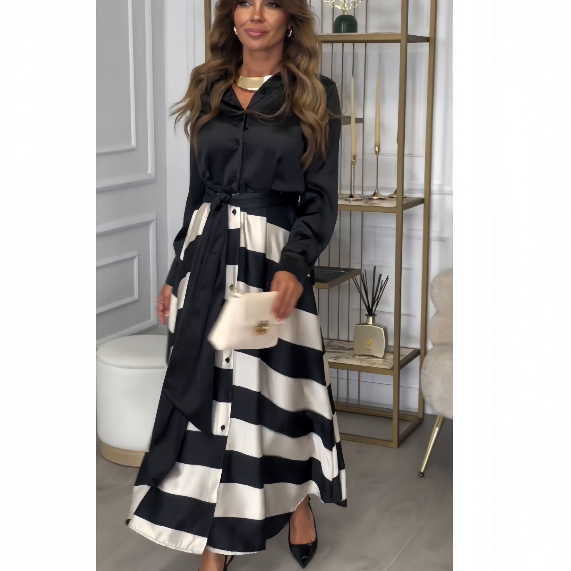 Dam Lång Skjorta Justerbar Midja Polyester Elegant-3