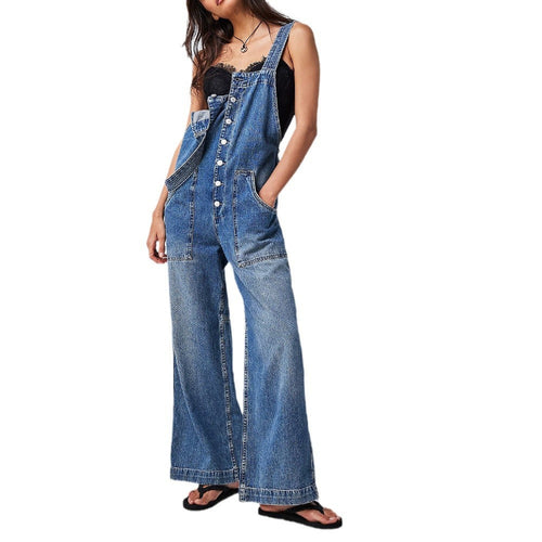 Dam Jumpsuit Justerbara Bärarben i Denim Smal Passform-1