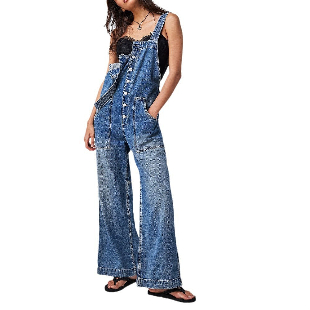 Variant image for Dam Jumpsuit Justerbara Bärarben i Denim Smal Passform-1