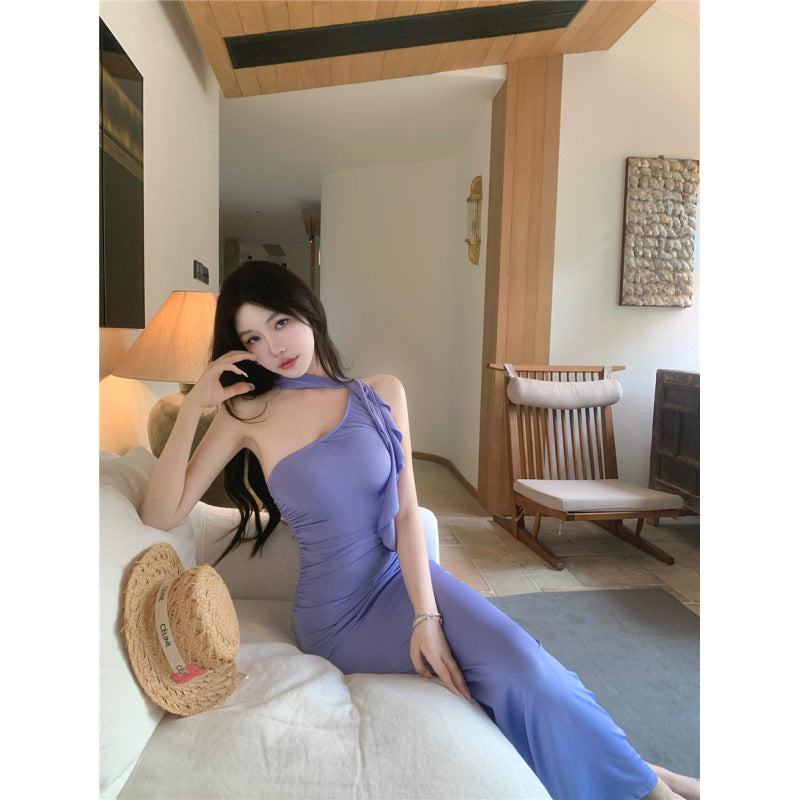 Kvinnors Lång Klänning Asymmetrisk Axeldesign Polyester Elastan-2