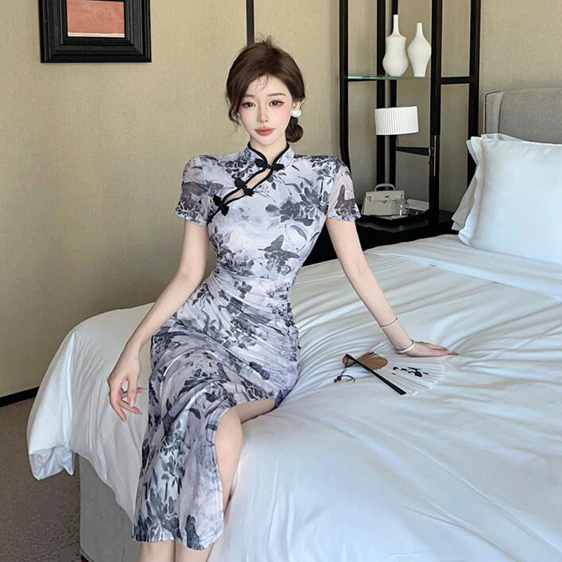 Damklänning Cheongsam med Hög Slits och Tre Fjärdedelar Ärmar i Polyester-3