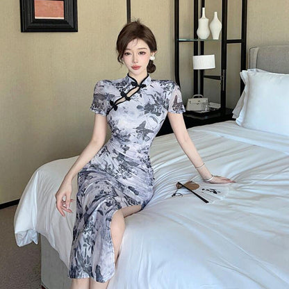 Damklänning Cheongsam med Hög Slits och Tre Fjärdedelar Ärmar i Polyester-3