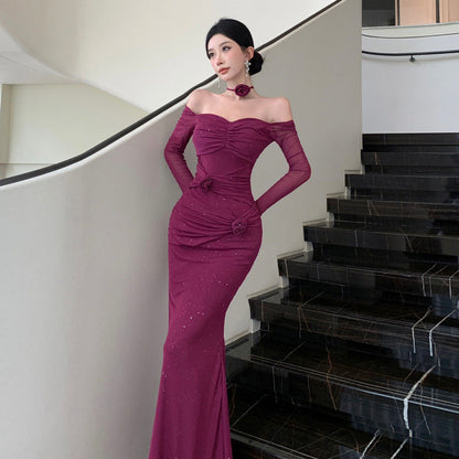Kvinnors Off-Shoulder Klänning Veckad Polyester-3