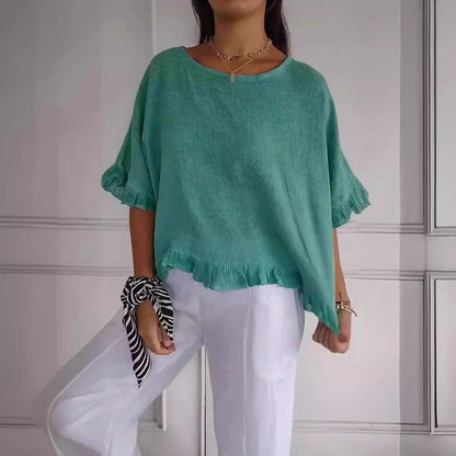 Dam Skjorta Kortärmad Volang Mjuk Bomull-3