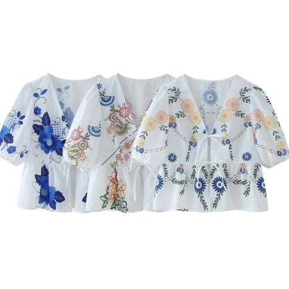 Dam Blus V-Hals Blommig Broderi Lätt Tyg 6