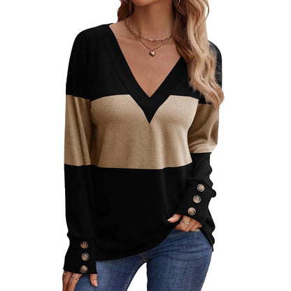 Dam Långärmad T-shirt V-Hals Färgblock 100% Bomull-4