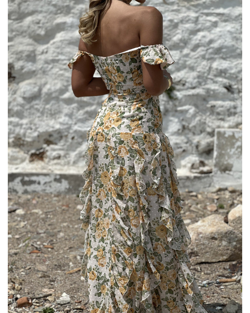 Kvinna Midi Klänning Off-Shoulder Blommönster Polyester-3