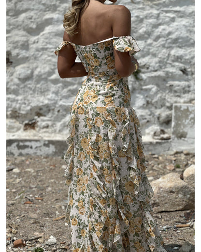 Kvinna Midi Klänning Off-Shoulder Blommönster Polyester-3