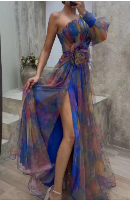 Maxi Klänning Dam Asymmetrisk Blommig Polyester Långa Ärmar-1