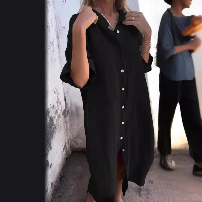 Dam Sommarklänning A-Linjeformad i Bomull och Linne med Tre Fjärdedels Ärmar-4