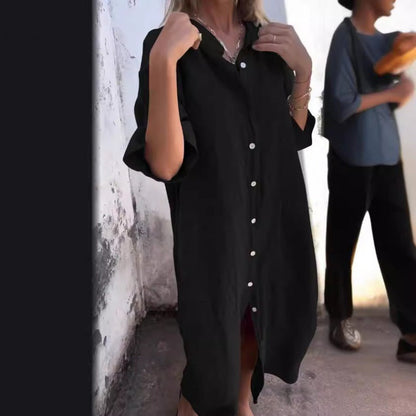 Dam Sommarklänning A-Linjeformad i Bomull och Linne med Tre Fjärdedels Ärmar-4