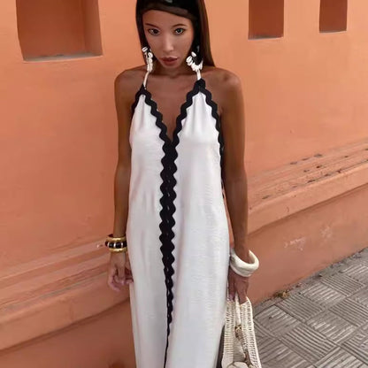 Maxiklänning Dam Flödande Snitt med Blöjhalring och Kontrastkant Lätt Tyg 4