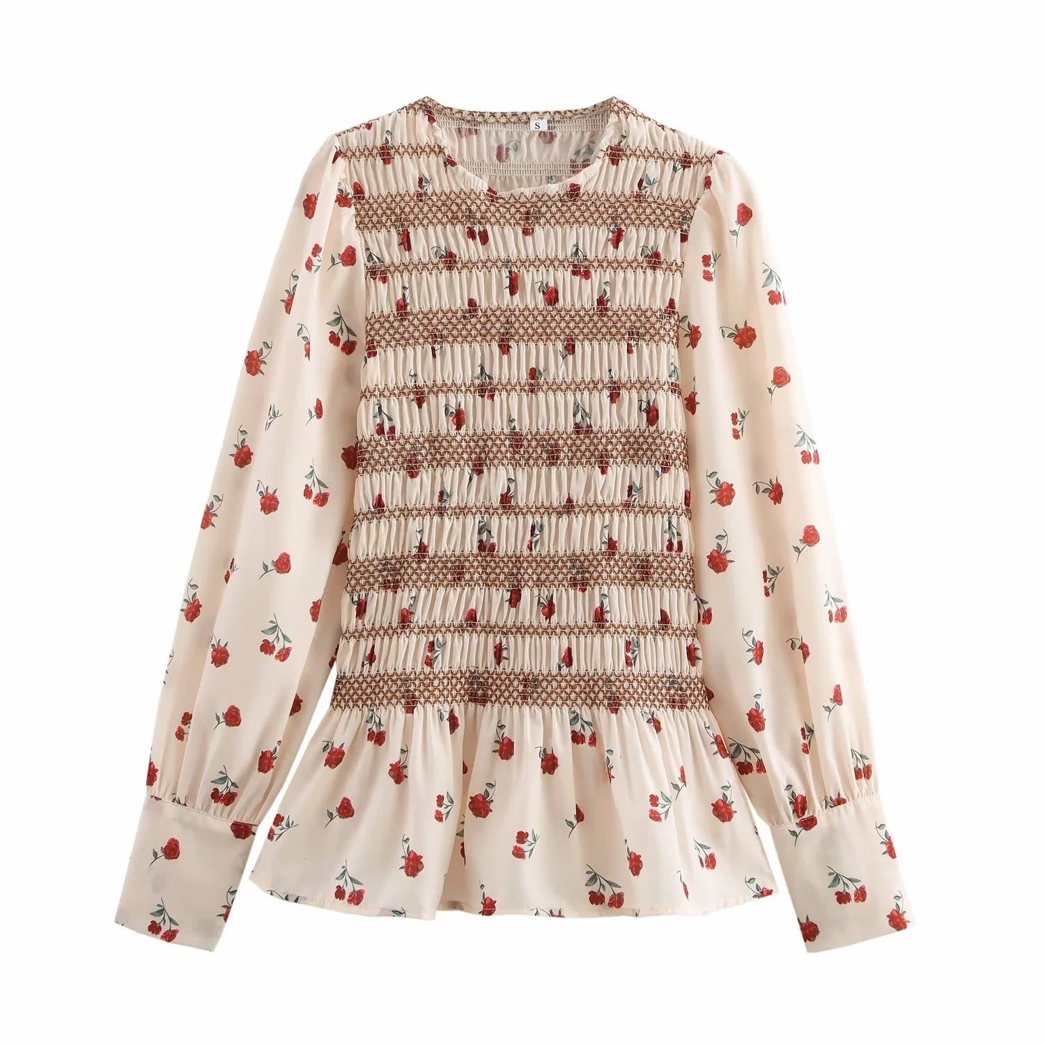 Dam Blus Blommig Design Rynkade Detaljer Lätt Tyg-1