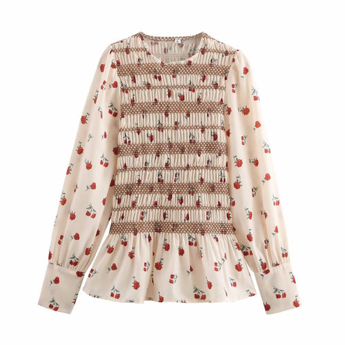 Dam Blus Blommig Design Rynkade Detaljer Lätt Tyg-1