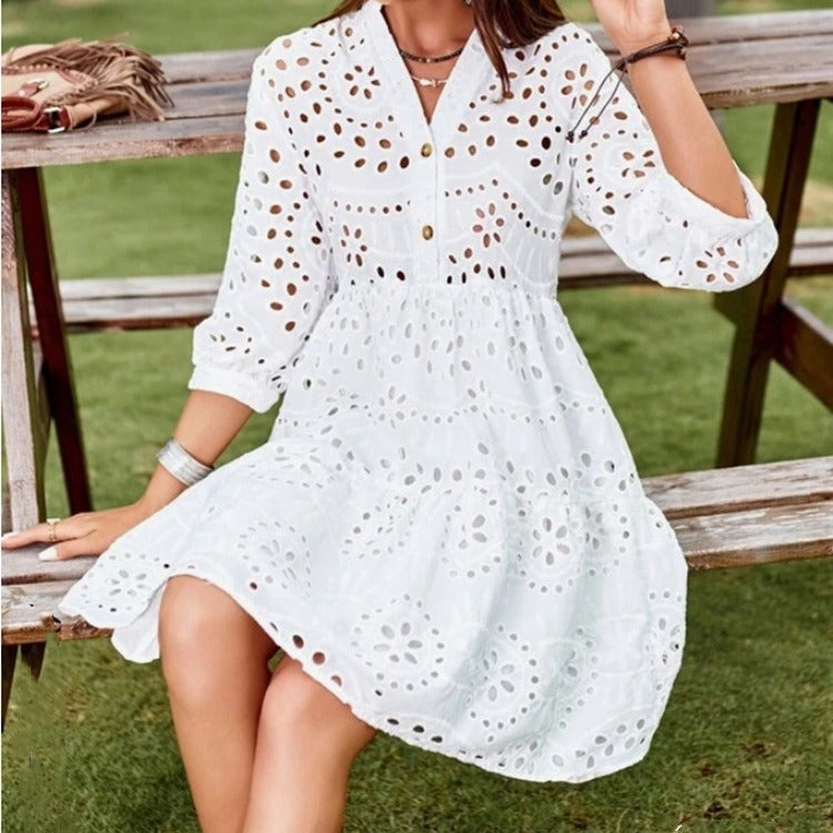 Kvinna Midi Klänning Broderad V-Hals Polyester-3