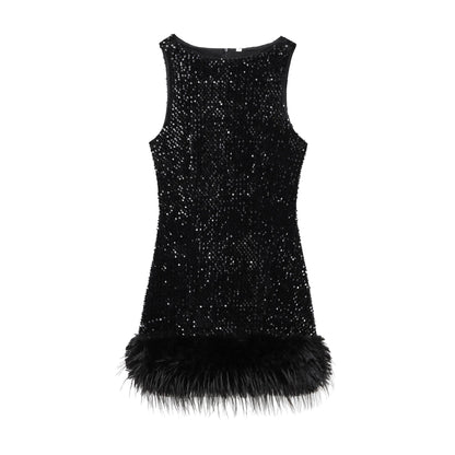 Fina Dam Klänningar Ärmlös Rundhals med Paljetter Polyester-1