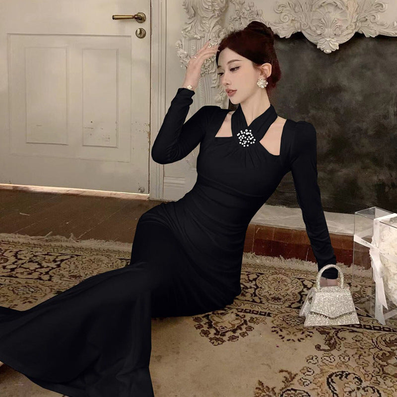 Kvinna Lång Klänning Halterhals Sjöjungfru Polyester Elastan-4