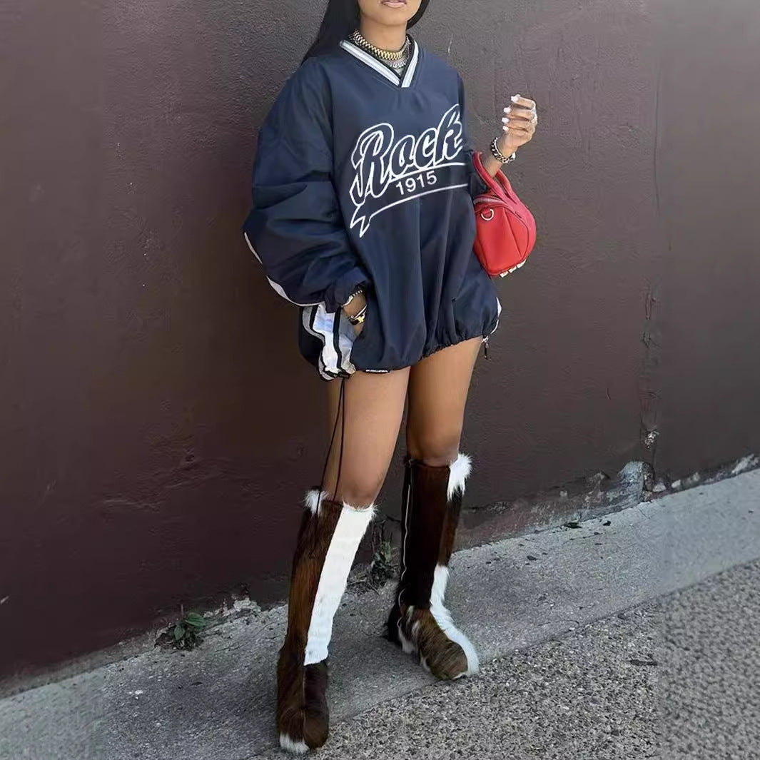 Dam Tröja V-Hals Streetwear Polyester Färgblock-2