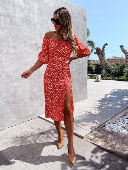 Kvinnors Midi Klänning Off-Shoulder Tryckt Polyester-6