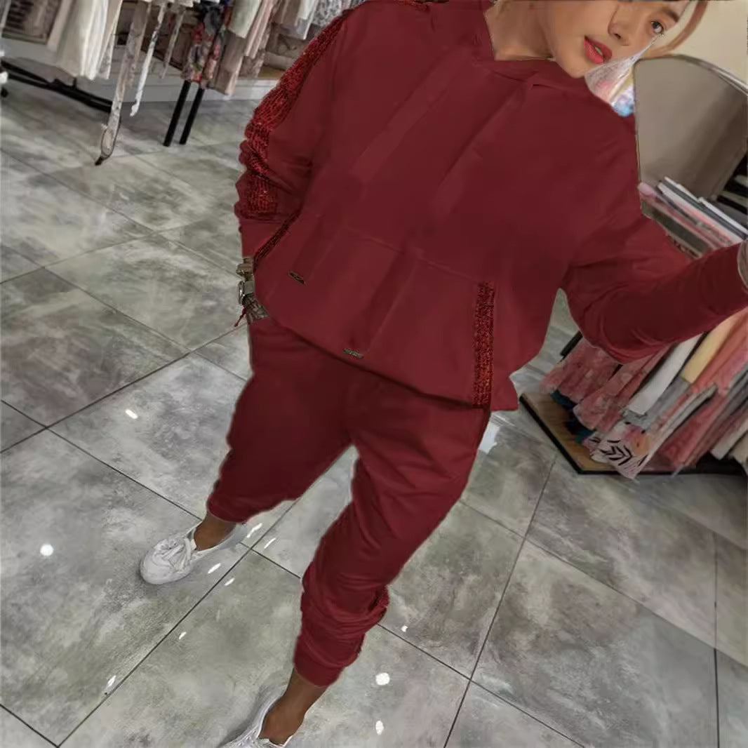 Dam Hoodie Set med Paljetter och Långärmad Byxor i Polyester-5