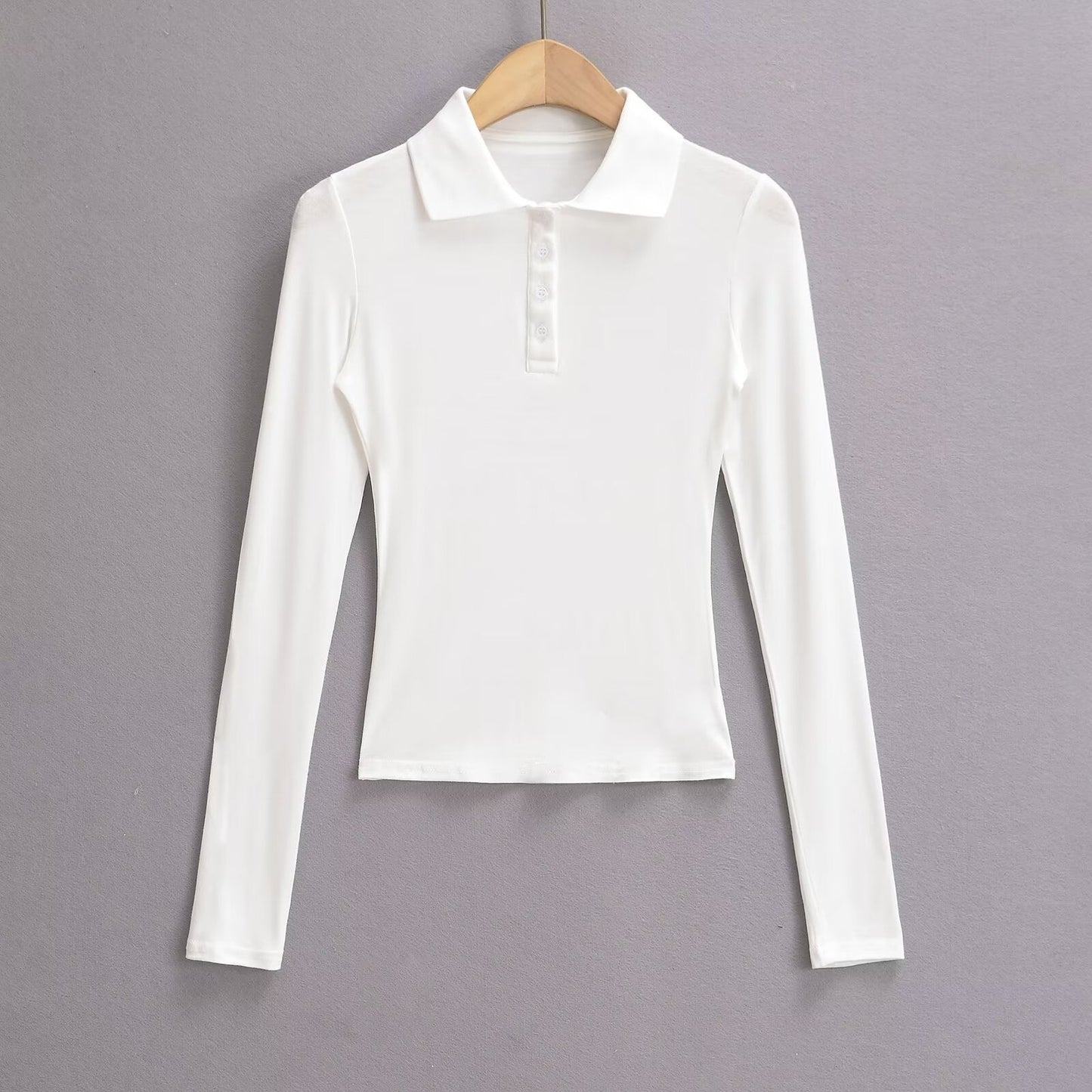 Kvinnors Långärmad Polo-Topp Elastisk med Knappdetaljer 5