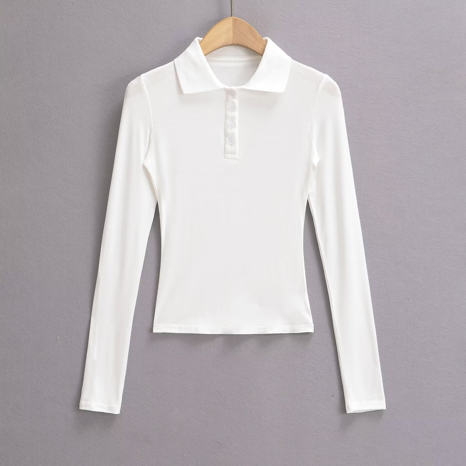 Kvinnors Långärmad Polo-Topp Elastisk med Knappdetaljer 5