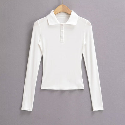 Kvinnors Långärmad Polo-Topp Elastisk med Knappdetaljer 7