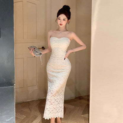 Kvinnors Axellös Bodycon Klänning med Spets och Slits Polyester-2