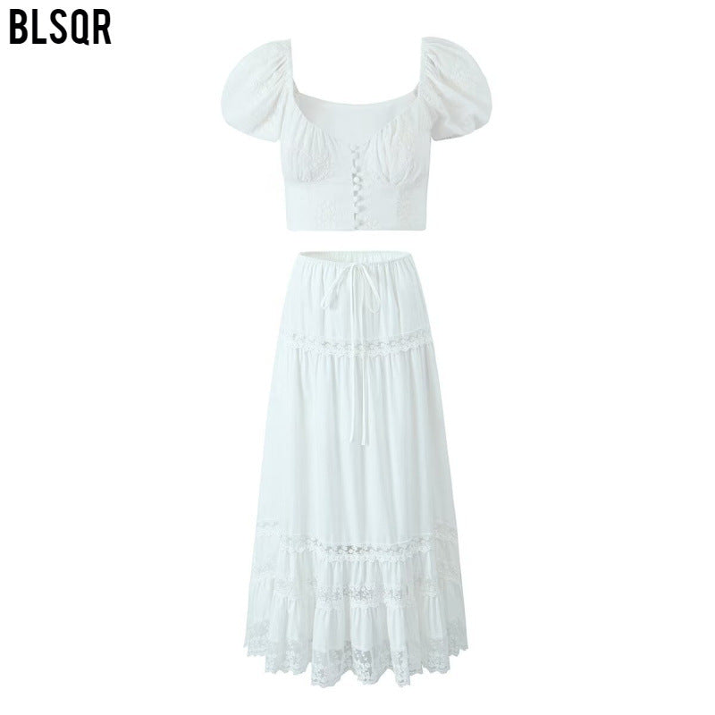 Kvinnors Kort Topp med Broderi Hög Midja Polyester-2