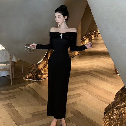 Kvinnors Midjeklänning Off-the-Shoulder Fluffig Polyester-3