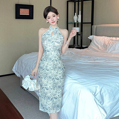 Variant image for Kvinnors Cheongsam Klänning Blommönster med Pärldetaljer Polyester-1