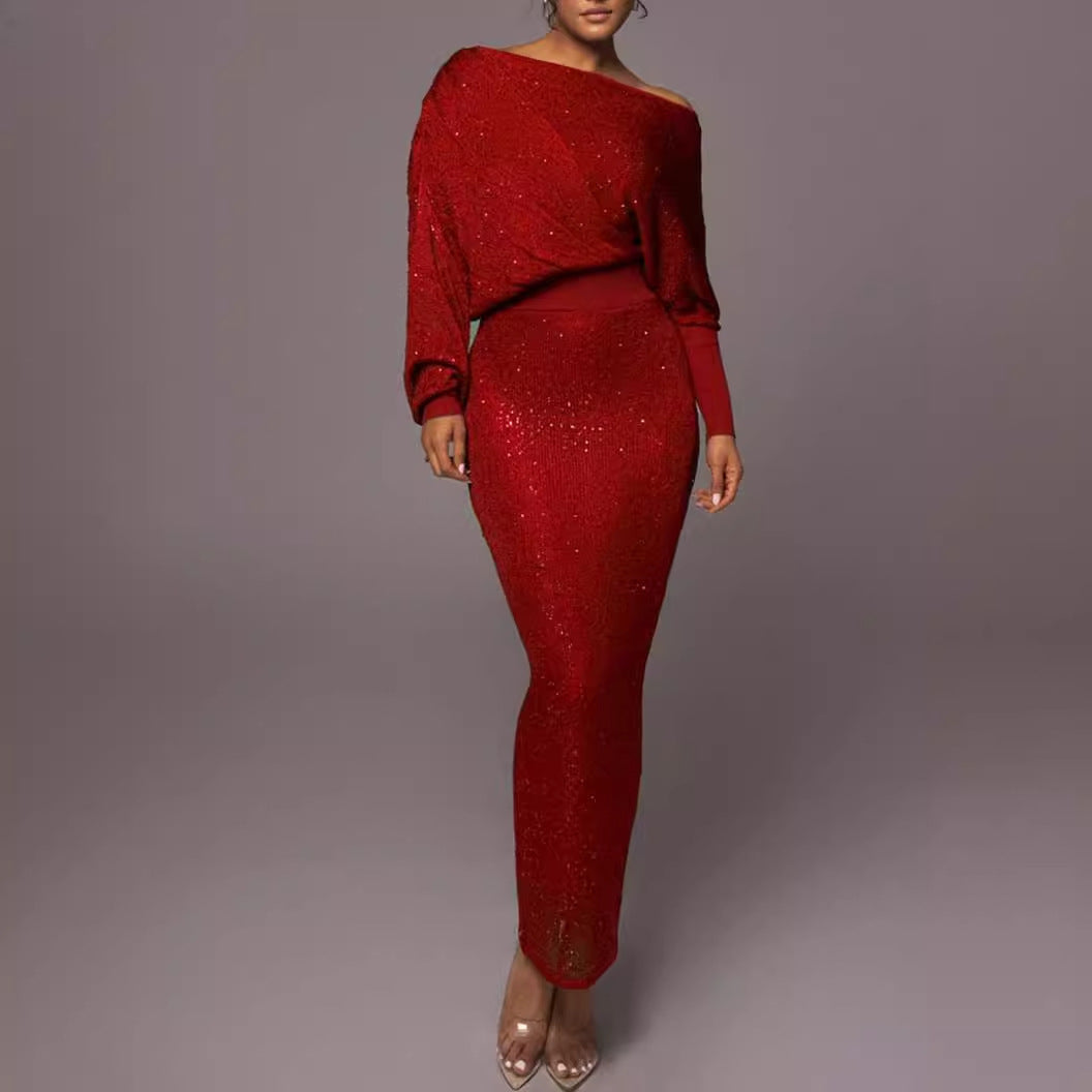 Damklänning Asymmetrisk Axel Lång Ärmar Högkvalitativt Tyg-4