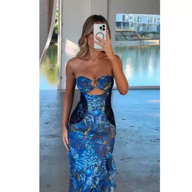 Kort Klänning Dam Tryckt Spaghetti Bärare Polyester-3