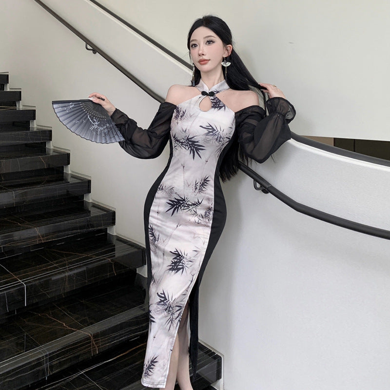 Dam Klänning En Axel Halterneck Spetsdesign Högkvalitativt Tyg-2