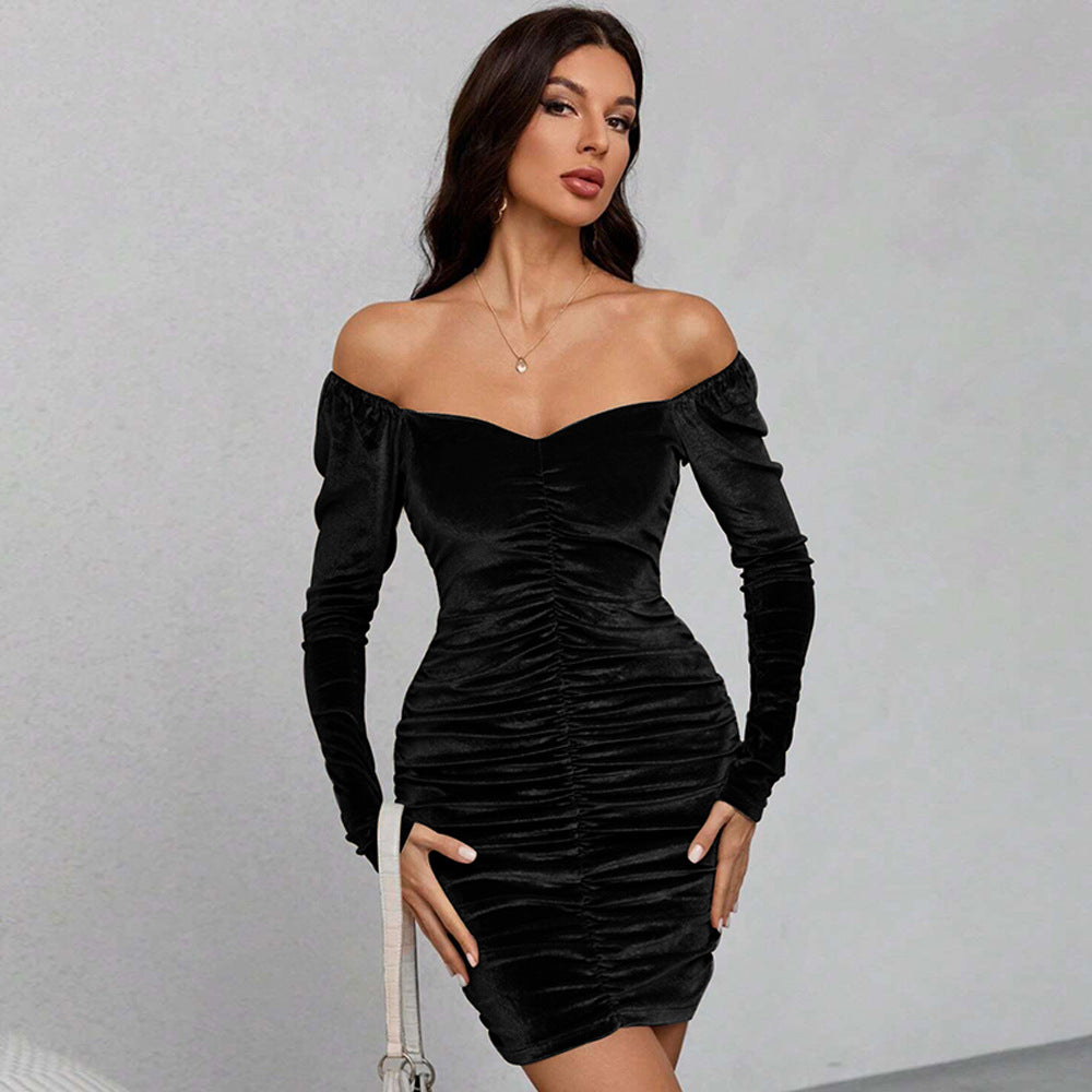 Kvinnors Bodycon Klänning Krossad Sammet Monokrom-3