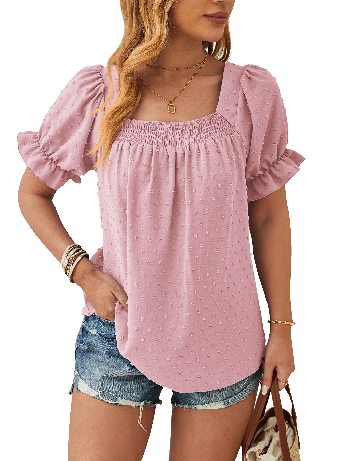 Dam Blus Chiffong Puffärmar Fyrkantig Halsringning 8