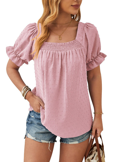 Dam Blus Chiffong Puffärmar Fyrkantig Halsringning 8